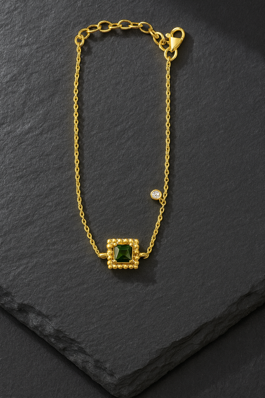 18K Gold Micron Plated with Beaded Frame-Emerald Green Bracelet