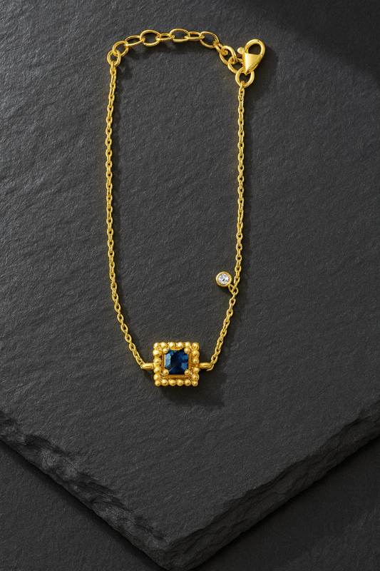 Blue Sapphire Bracelet 18K Gold Micron Plated with Beaded Frame