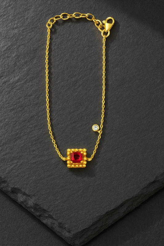 18K Gold Micron Plated with Beaded Frame-Ruby Red Bracelet