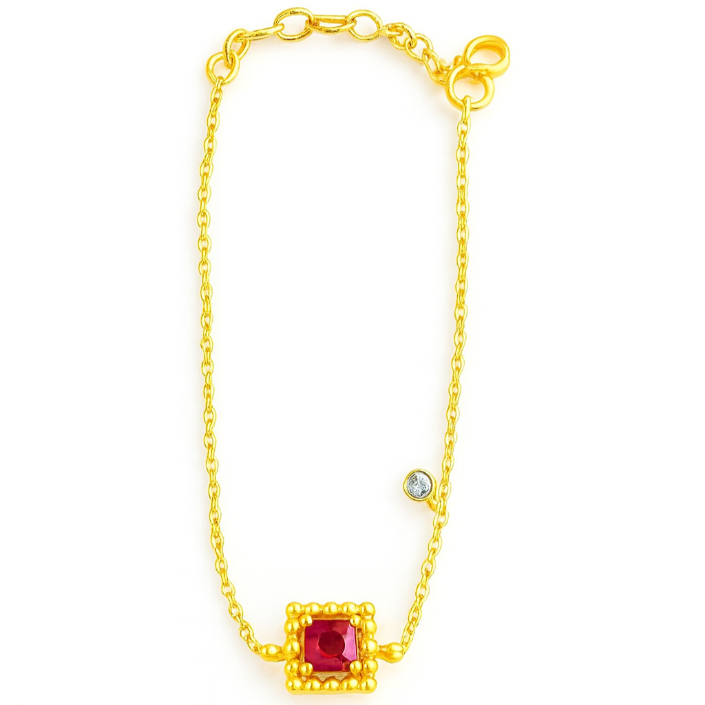 18K Gold Micron Plated with Beaded Frame-Ruby Red Bracelet