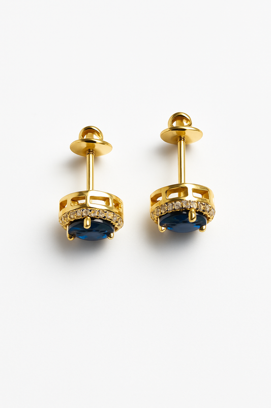 Sapphire Stud Earrings – 18K Gold Micron Plated Pear Halo Design