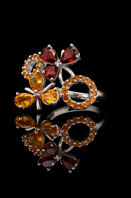 Citrine & Garnet Cocktail Ring – 92.5 Silver