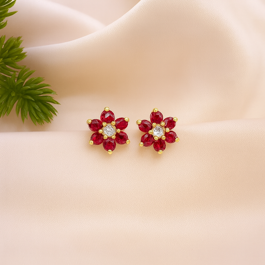 18K Gold Plated Floral Design - Ruby Stud Earrings