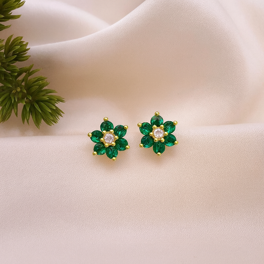 18K Gold Plated Floral Design -Emerald Stud Earrings