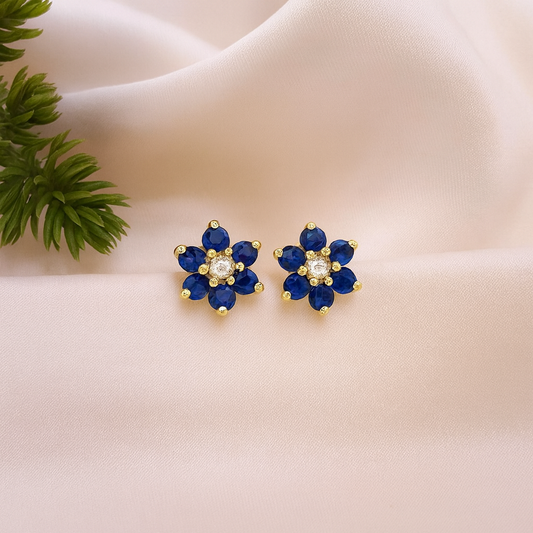 18K Gold Plated Floral Design - Sapphire Stud Earrings
