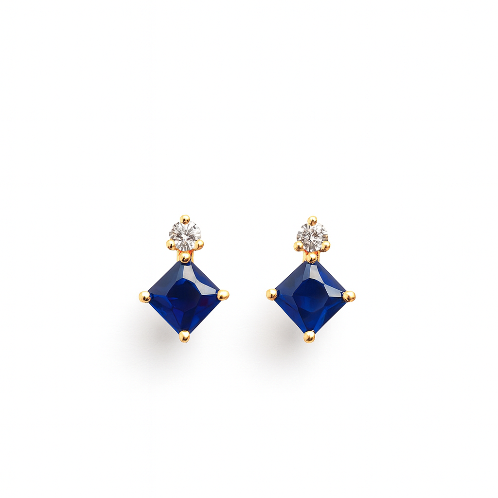 Sapphire Stud Earrings – 18K Gold Plated Princess Cut with Zircon Accent