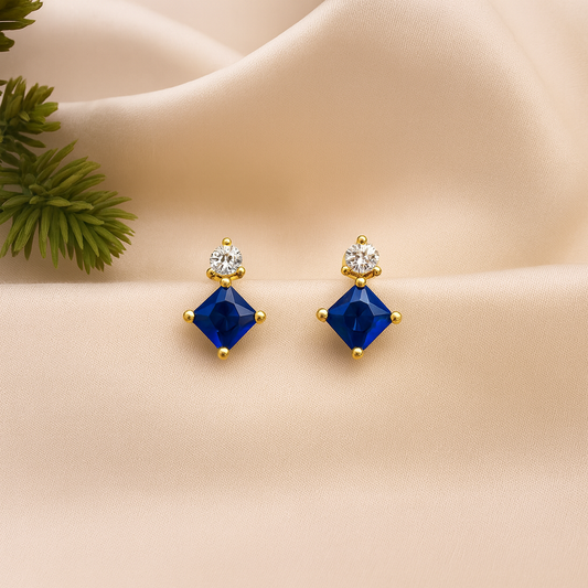 Sapphire Stud Earrings – 18K Gold Plated Princess Cut with Zircon Accent