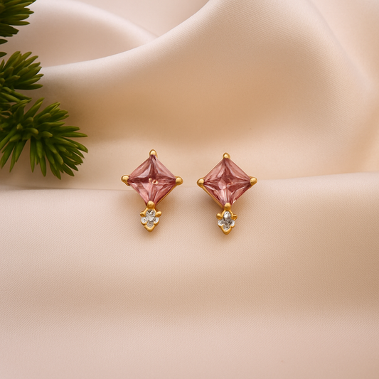 Pink Stud Earrings – 18K Gold Plated Princess Cut with Zircon Accent