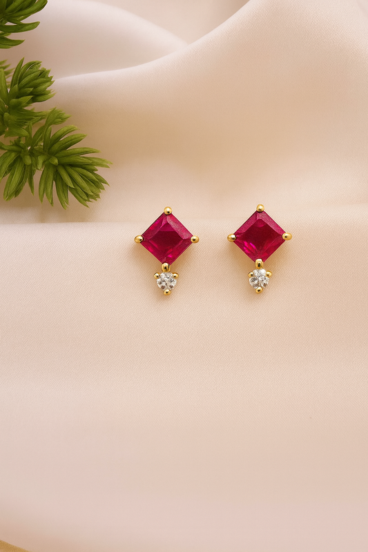 Ruby Stud Earrings – 18K Gold Plated Princess Cut with Zircon Accent