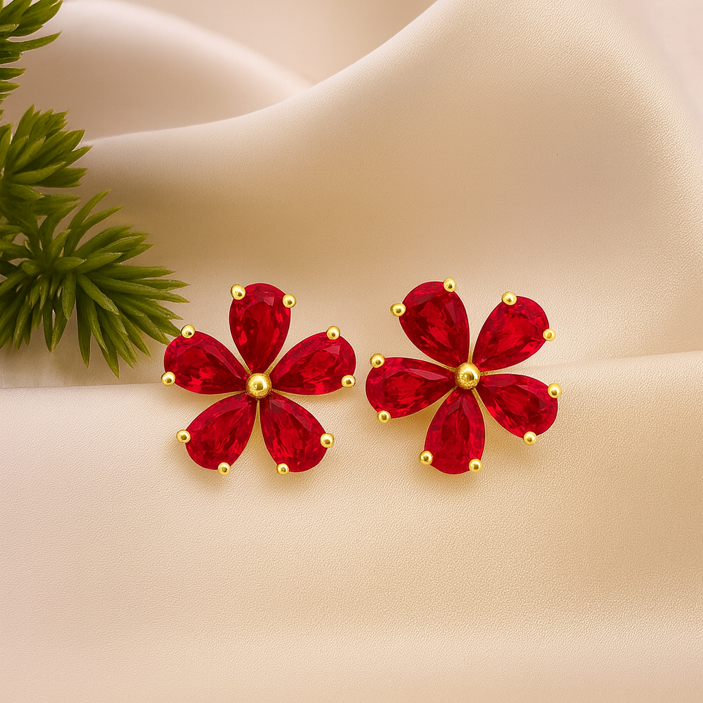 Ruby Stud Earrings – 18K Gold Micron Plated Floral Design