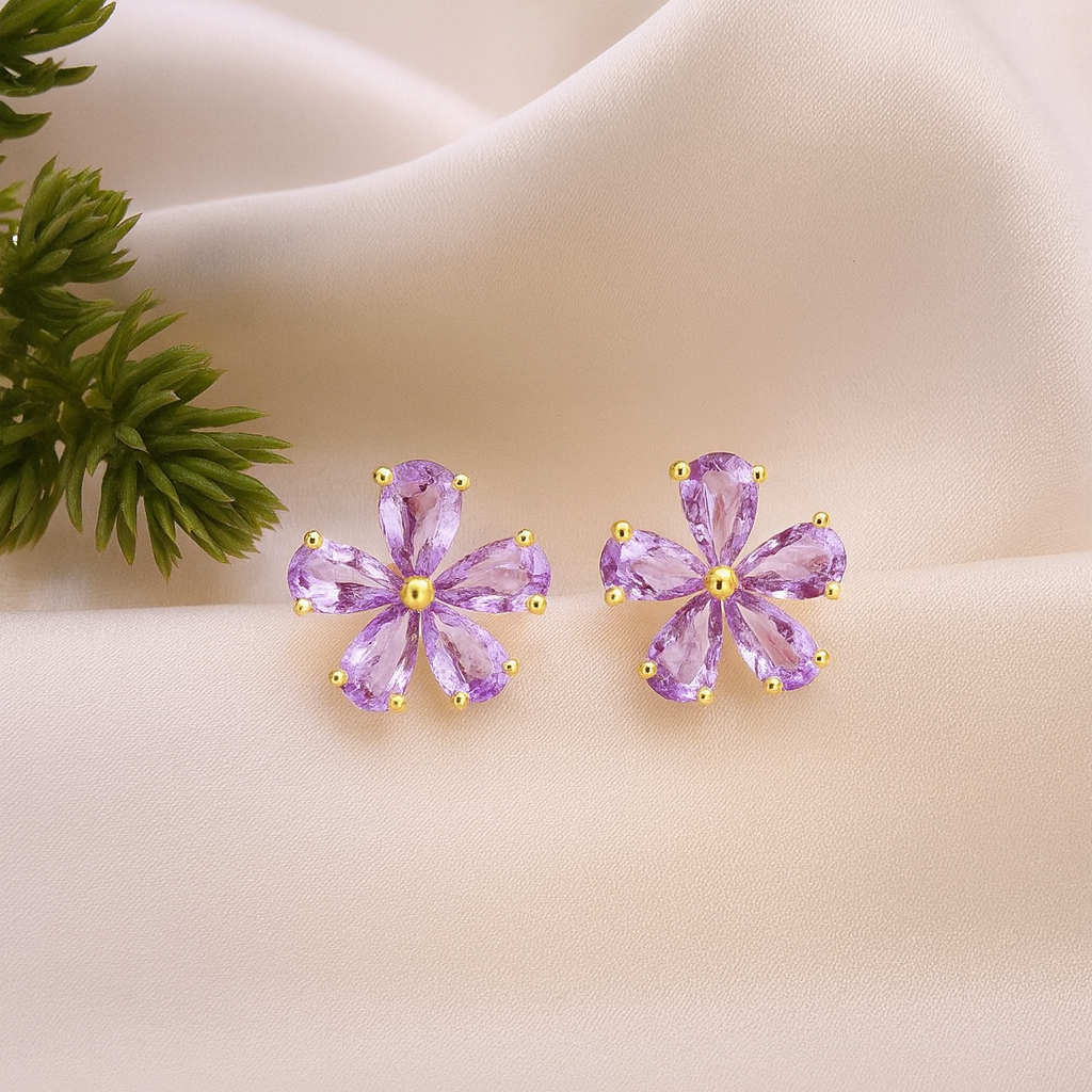 Purple Stud Earrings – 18K Gold Micron Plated Floral Design
