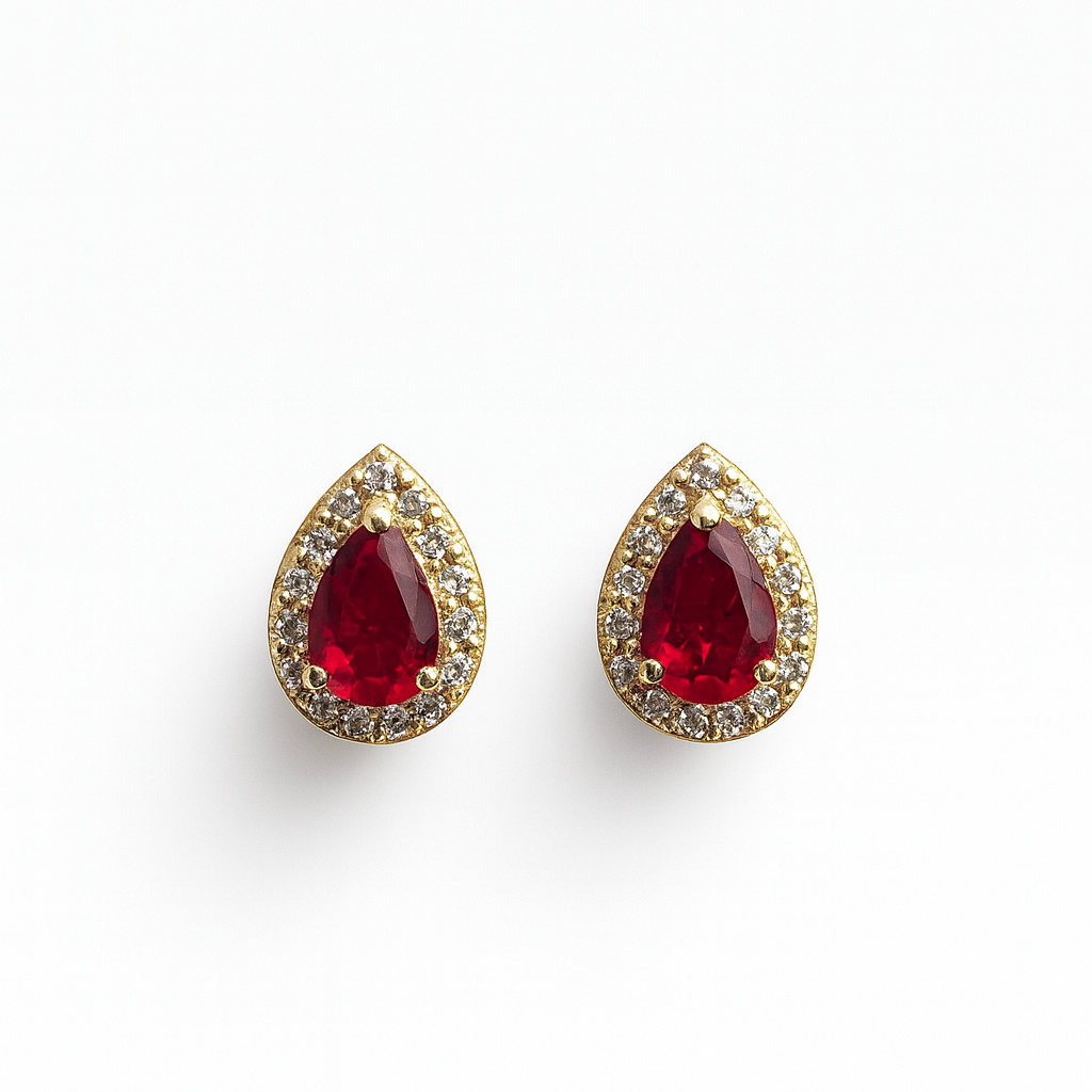 Ruby Stud Earrings – 18K Gold Micron Plated Pear Halo Design