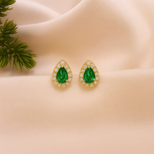 Emerald Stud Earrings – 18K Gold Micron Plated Pear Halo Design