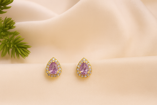 Pink Purple Stud Earrings – 18K Gold Micron Plated Pear Halo Design