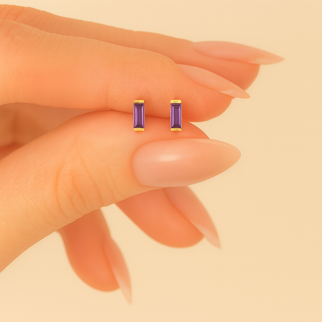 Purple Stud Earrings – 18K Gold Micron Plated Baguette Design