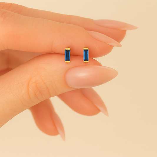 Sapphire Stud Earrings – 18K Gold Micron Plated Baguette Design