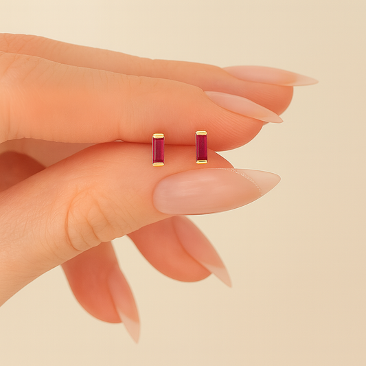 Ruby Stud Earrings – 18K Gold Micron Plated Baguette Design