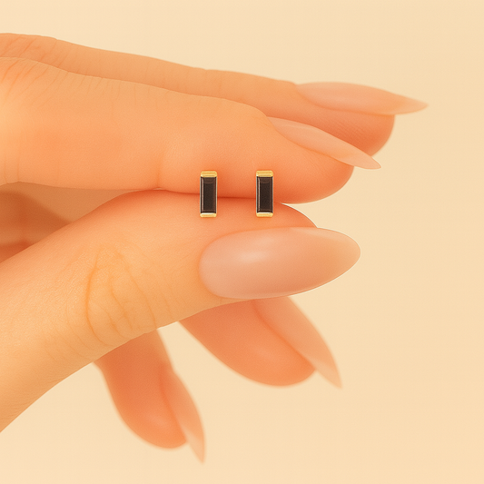 Black Stud Earrings – 18K Gold Micron Plated Baguette Design