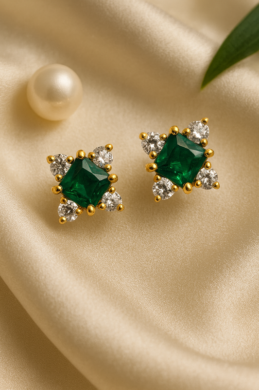 Emerald Stud Earrings – 18K Gold Micron Plated Princess-Cut with Zircon Halo