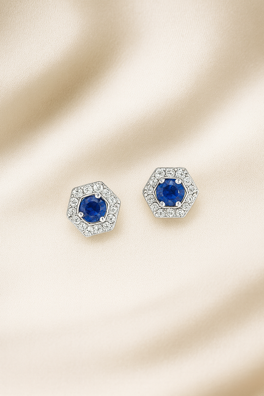 Sapphire Stud Earrings – Rhodium Plated Hexagon Halo Design