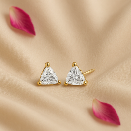 CZ Diamond Stud Earrings – 18K Gold Micron Plated Trillion-Cut Design