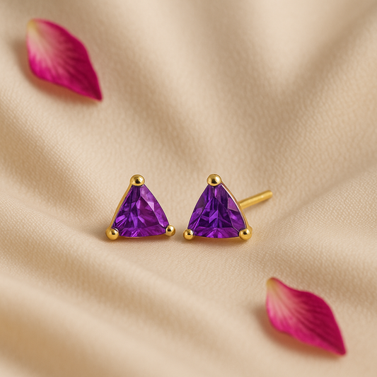 Purple Stud Earrings – 18K Gold Micron Plated Trillion-Cut Design