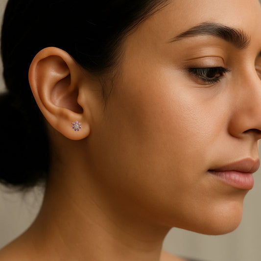 18K Gold Plated Floral Design Pink Stud Earrings