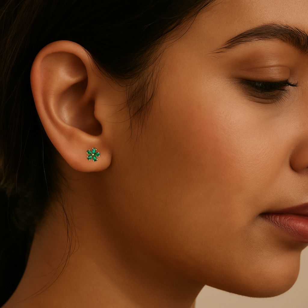 Emerald Stud Earrings – 18K Gold Micron Plated Floral Design