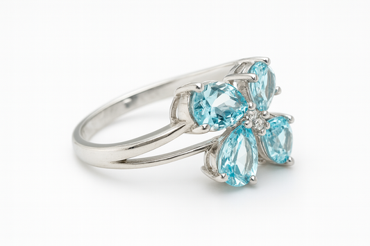 Aquamarine Floral Sterling Silver Ring – Rhodium Plated