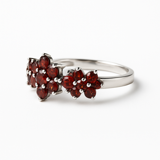 Garnet Blossom Silver Ring