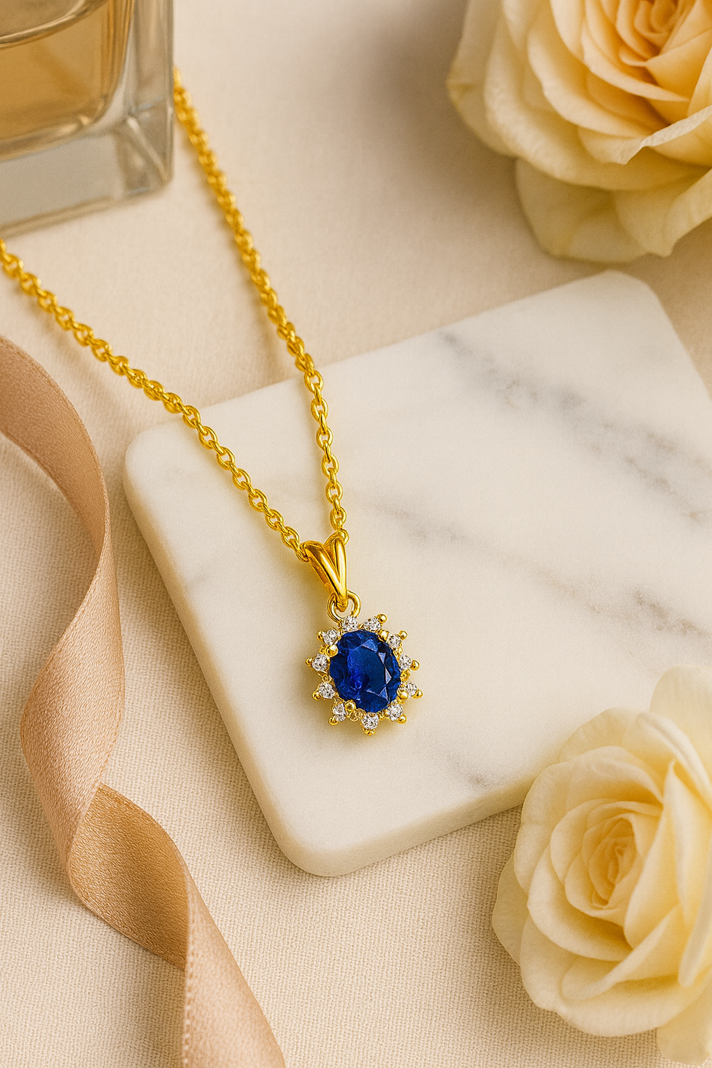Blue Oval Pendant Necklace – 18K Gold Micron Plated Luxury