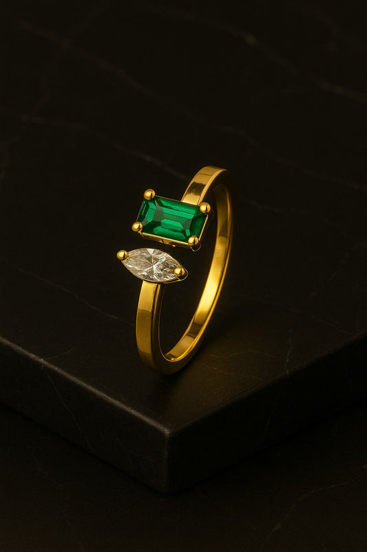 Emerald & Zircon Ring – 18K Gold Micron Plated Open Band Design