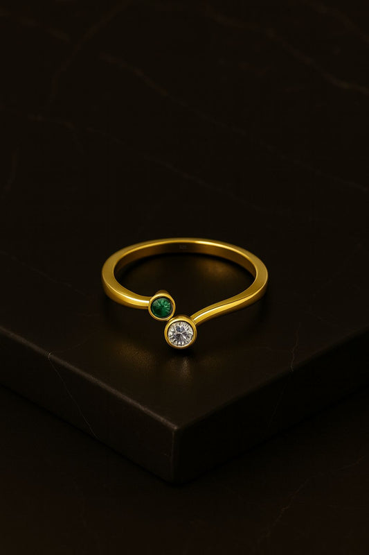 Emerald & Zircon Ring – 18K Gold Micron Plated Open Adjustable Design