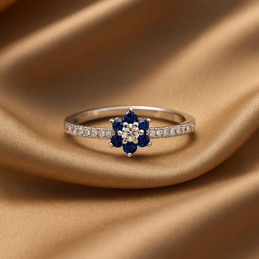 Sapphire & Zircon Ring – Rhodium Plated Floral Design