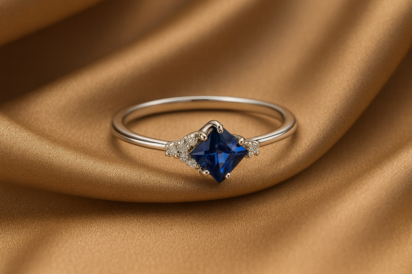 Blue Sapphire Ring – Rhodium Plated Princess-Cut with Zircon Accents