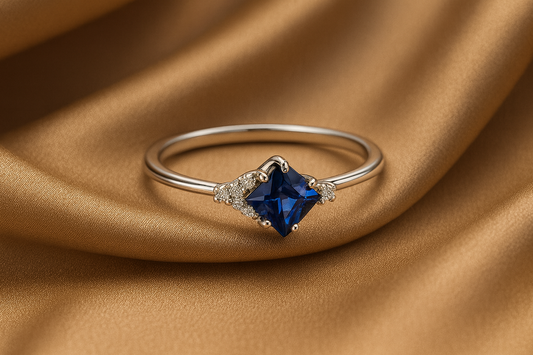 Blue Sapphire Ring – Rhodium Plated Princess-Cut with Zircon Accents