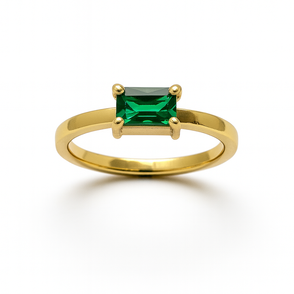Emerald Ring – 18K Gold Micron Plated Baguette-Cut Solitaire