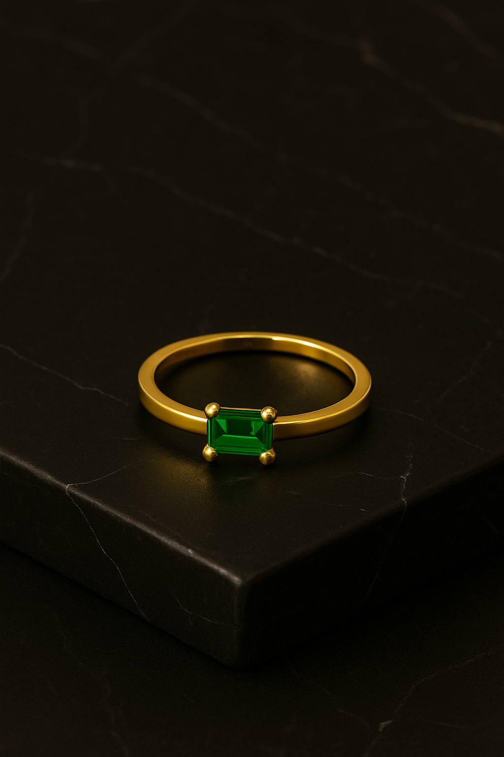 Emerald Ring – 18K Gold Micron Plated Baguette-Cut Solitaire