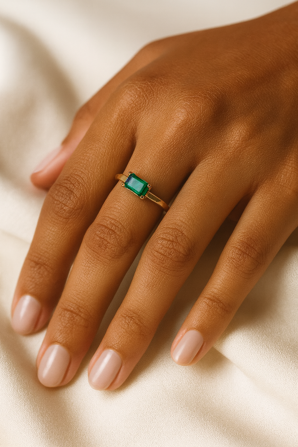 Emerald Ring – 18K Gold Micron Plated Baguette-Cut Solitaire