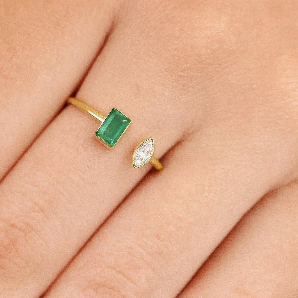 Emerald & Zircon Ring – 18K Gold Micron Plated Open Band Design