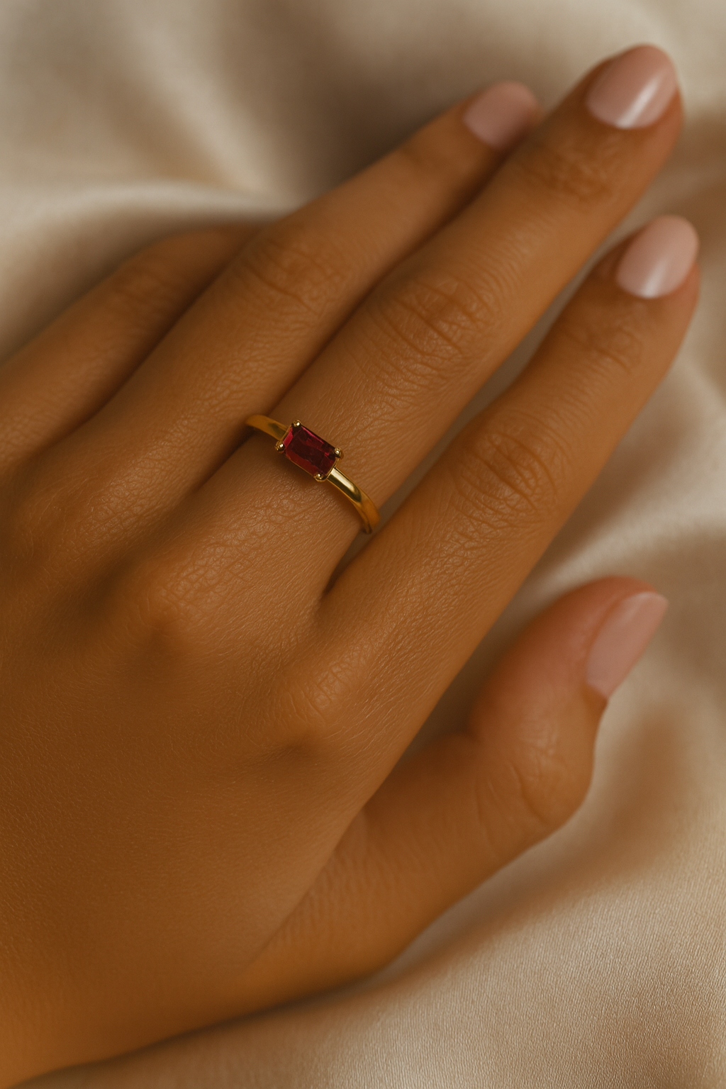 Ruby Ring – 18K Gold Micron Plated Baguette-Cut Solitaire