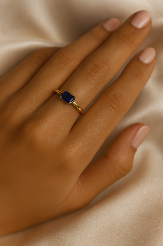 Sapphire Ring – 18K Gold Micron Plated Baguette-Cut Solitaire