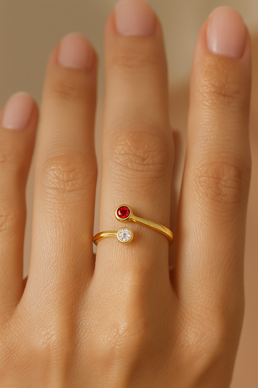 Ruby & Zircon Ring – 18K Gold Micron Plated Open Adjustable Design