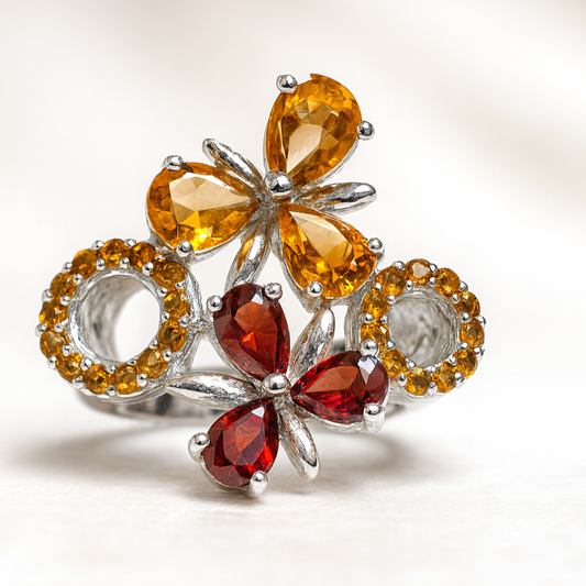 Citrine & Garnet Cocktail Ring – 92.5 Silver