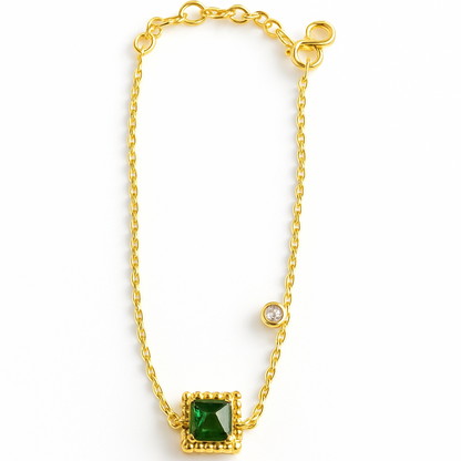 18K Gold Micron Plated with Beaded Frame-Emerald Green Bracelet