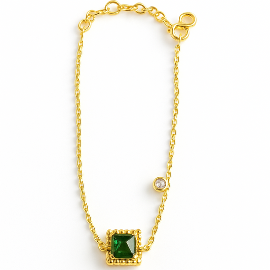 18K Gold Micron Plated with Beaded Frame-Emerald Green Bracelet