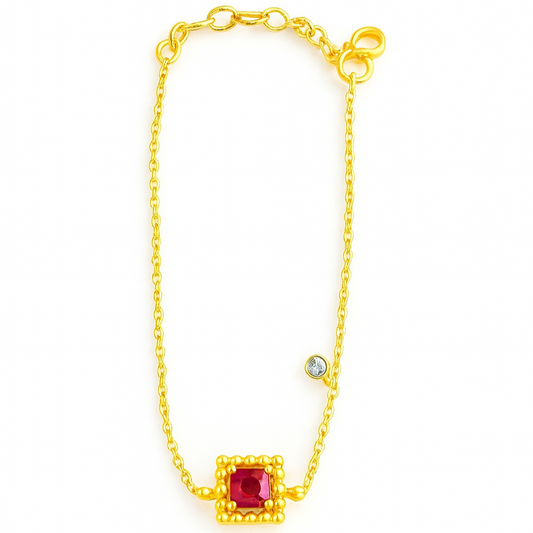 18K Gold Micron Plated with Beaded Frame-Ruby Red Bracelet