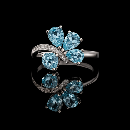 Aquamarine Floral Sterling Silver Ring – Rhodium Plated