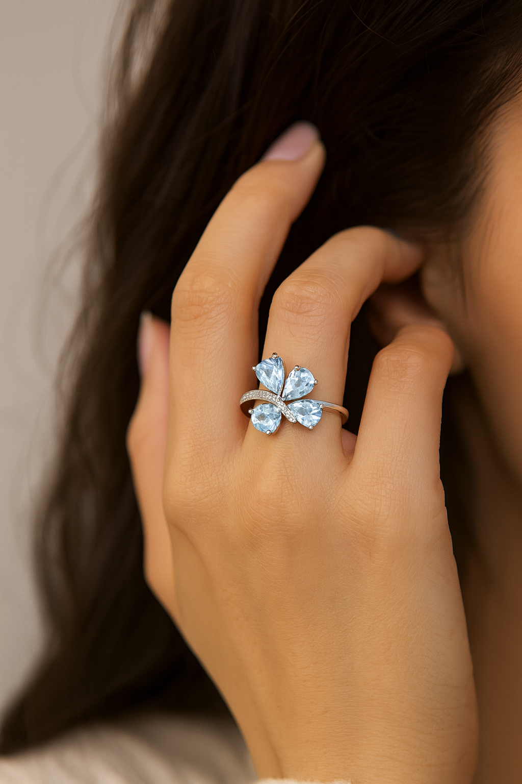 Aquamarine Floral Sterling Silver Ring – Rhodium Plated