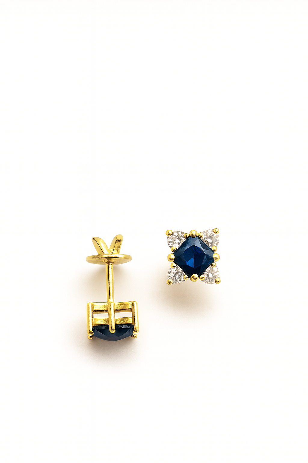 Sapphire Stud  Earrings – 18K Gold Micron Plated Princess-Cut with Zircon Halo